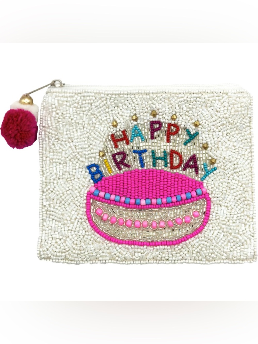 Beaded 'Happy Birthday'  Purse / wallet / pouch - Pink & White